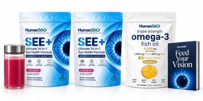 Two SEE+ pouches, Omega-3, shaker bottle, and Eye Health Book