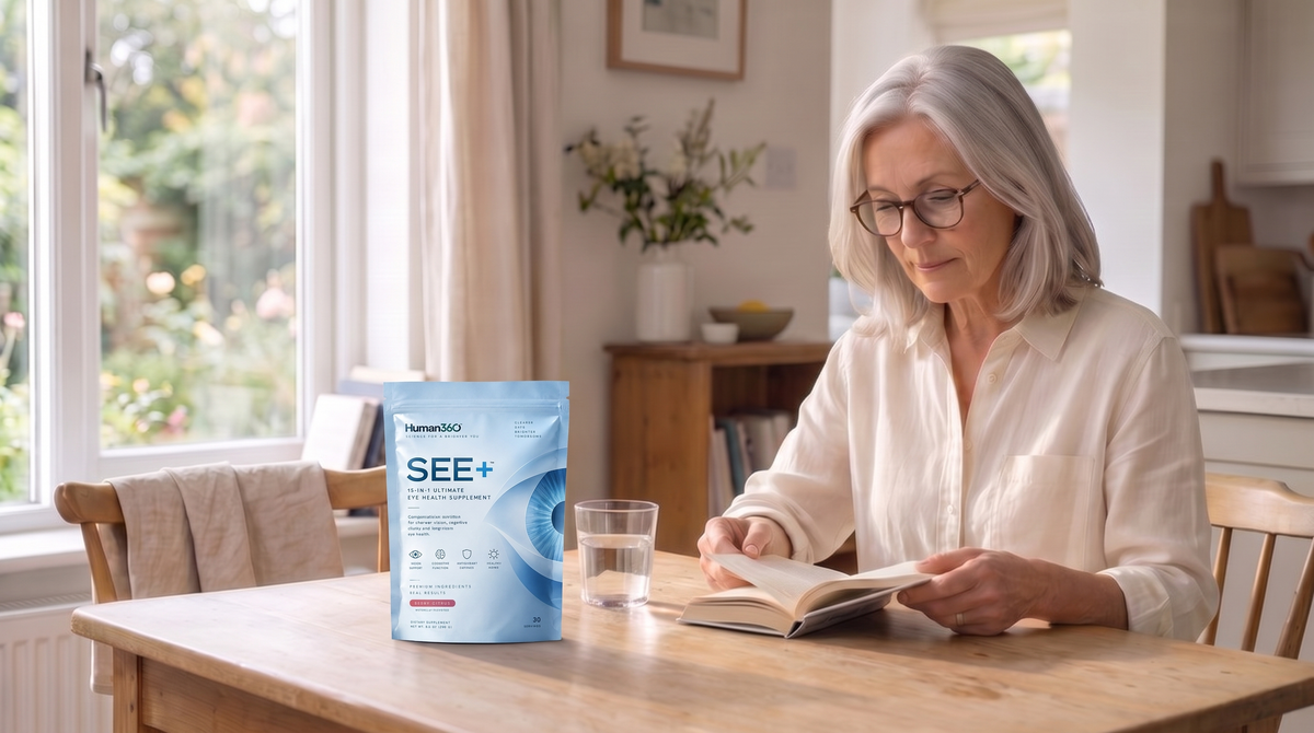An older woman reading at her kitchen table beside a Human360 SEE+ pouch