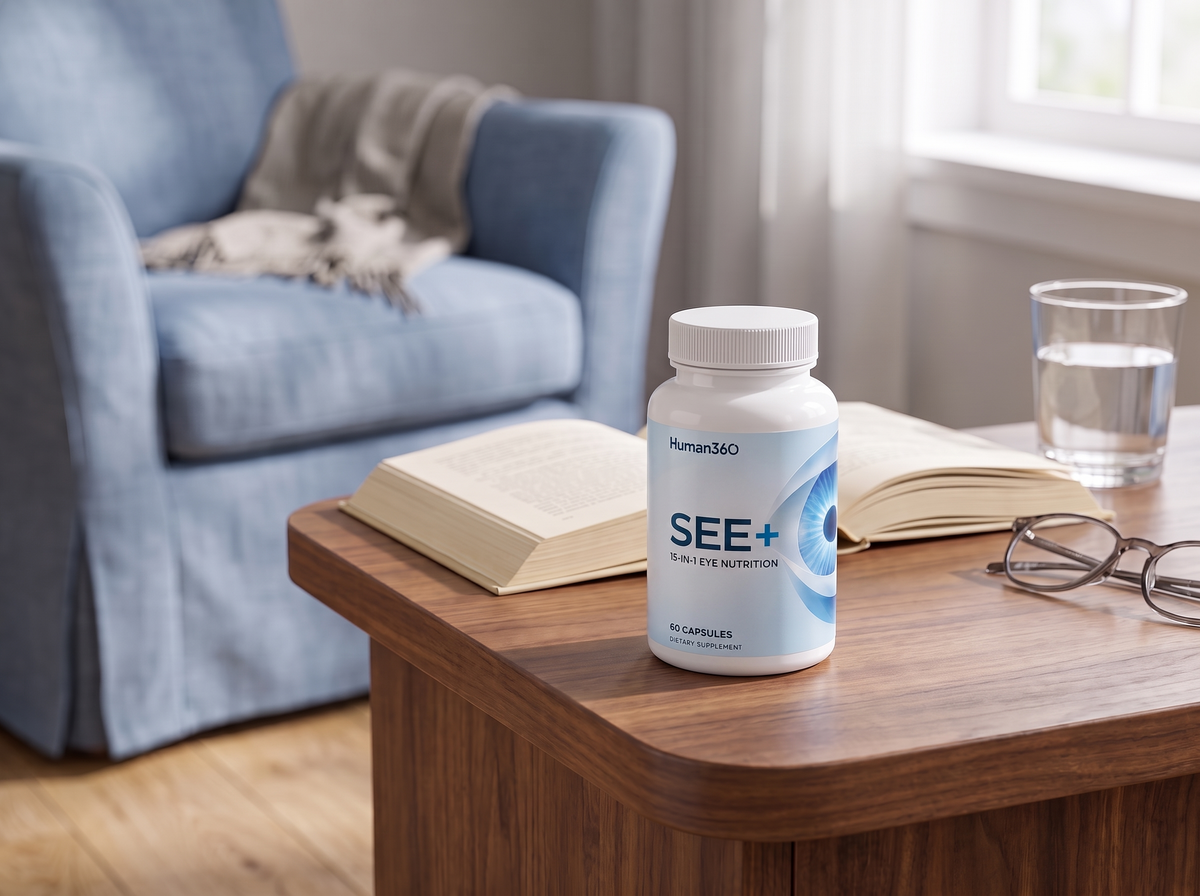SEE+ capsules beside a book and water glass.