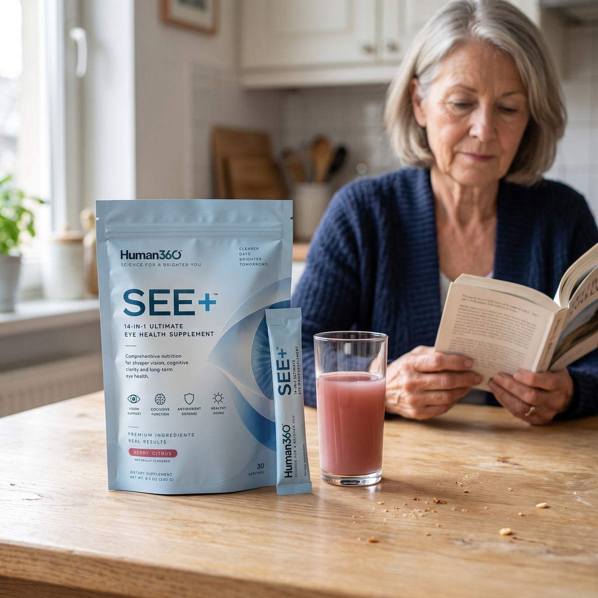 Illustrative SEE+ product photograph with a woman reading at her kitchen table.