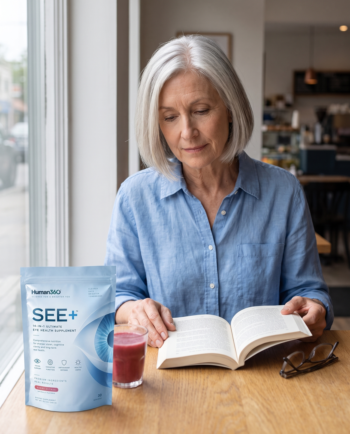 Illustrative photograph of an older woman reading beside a SEE+ pouch and drink.