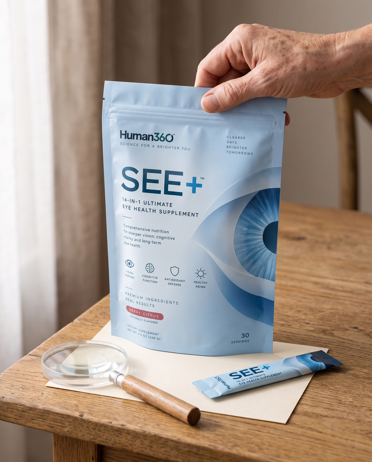 Illustrative SEE+ packaging close-up with a magnifying glass.