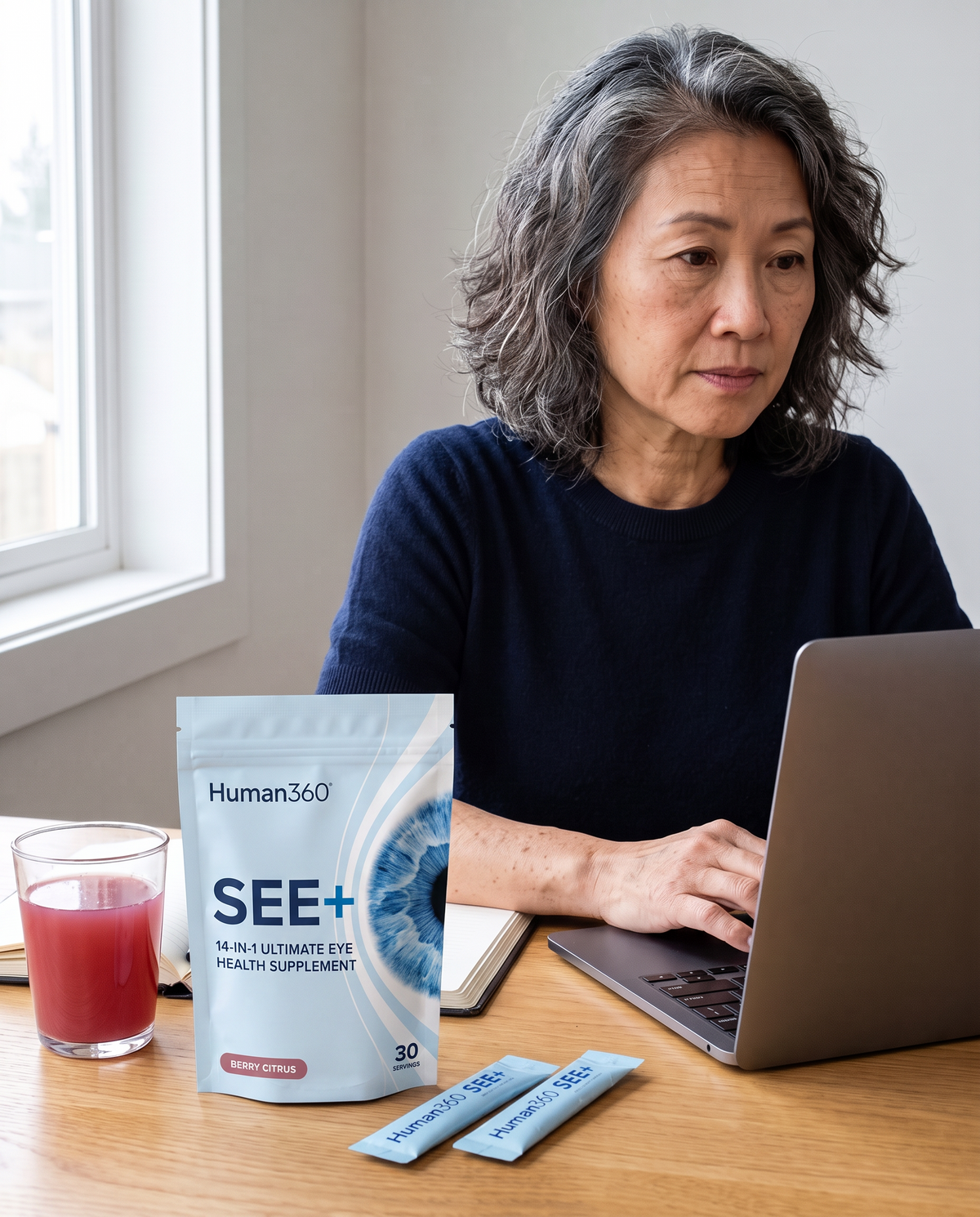 Illustrative photograph of an adult working at a laptop with SEE+ nearby.