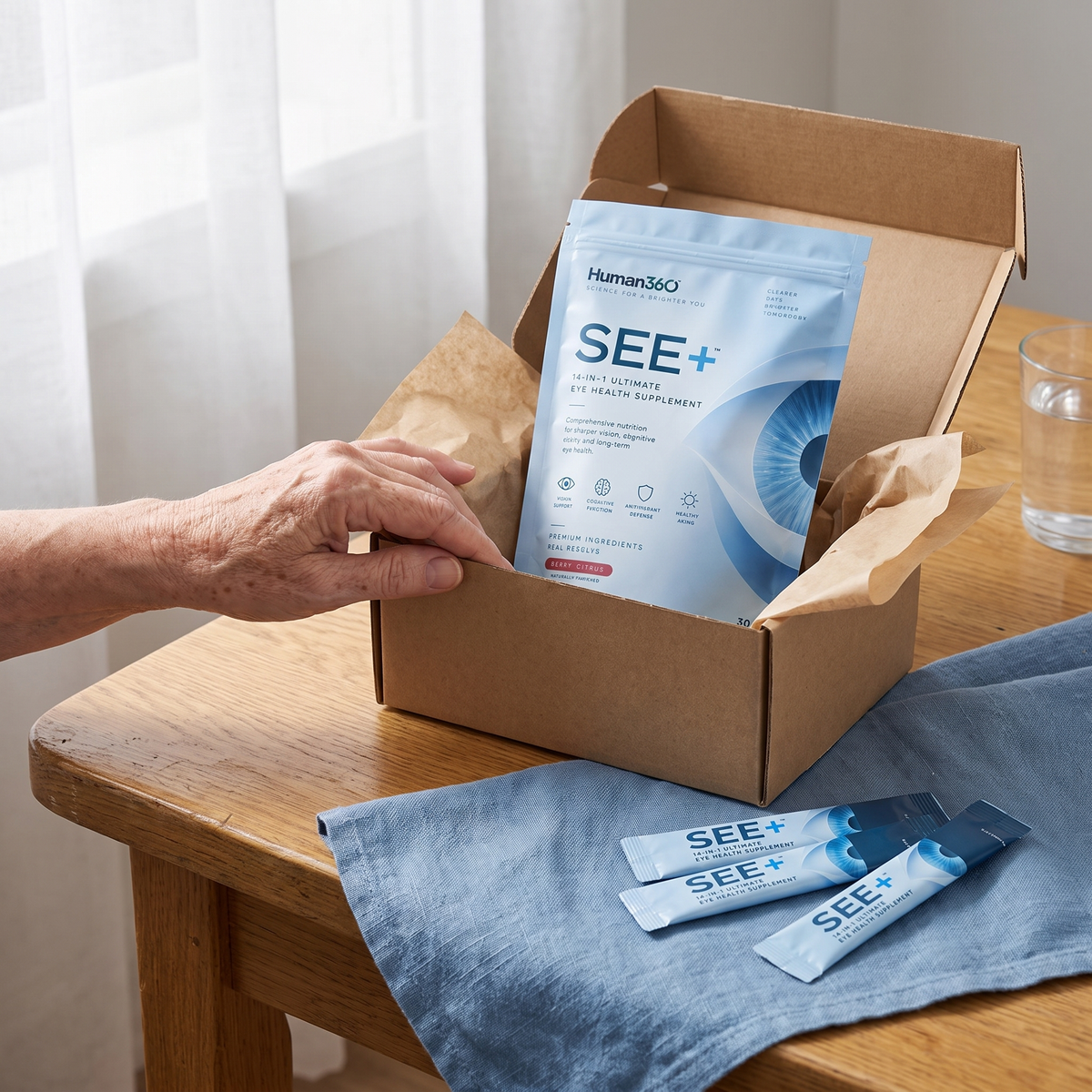 Illustrative photograph of a SEE+ pouch and sachets in an open delivery box.
