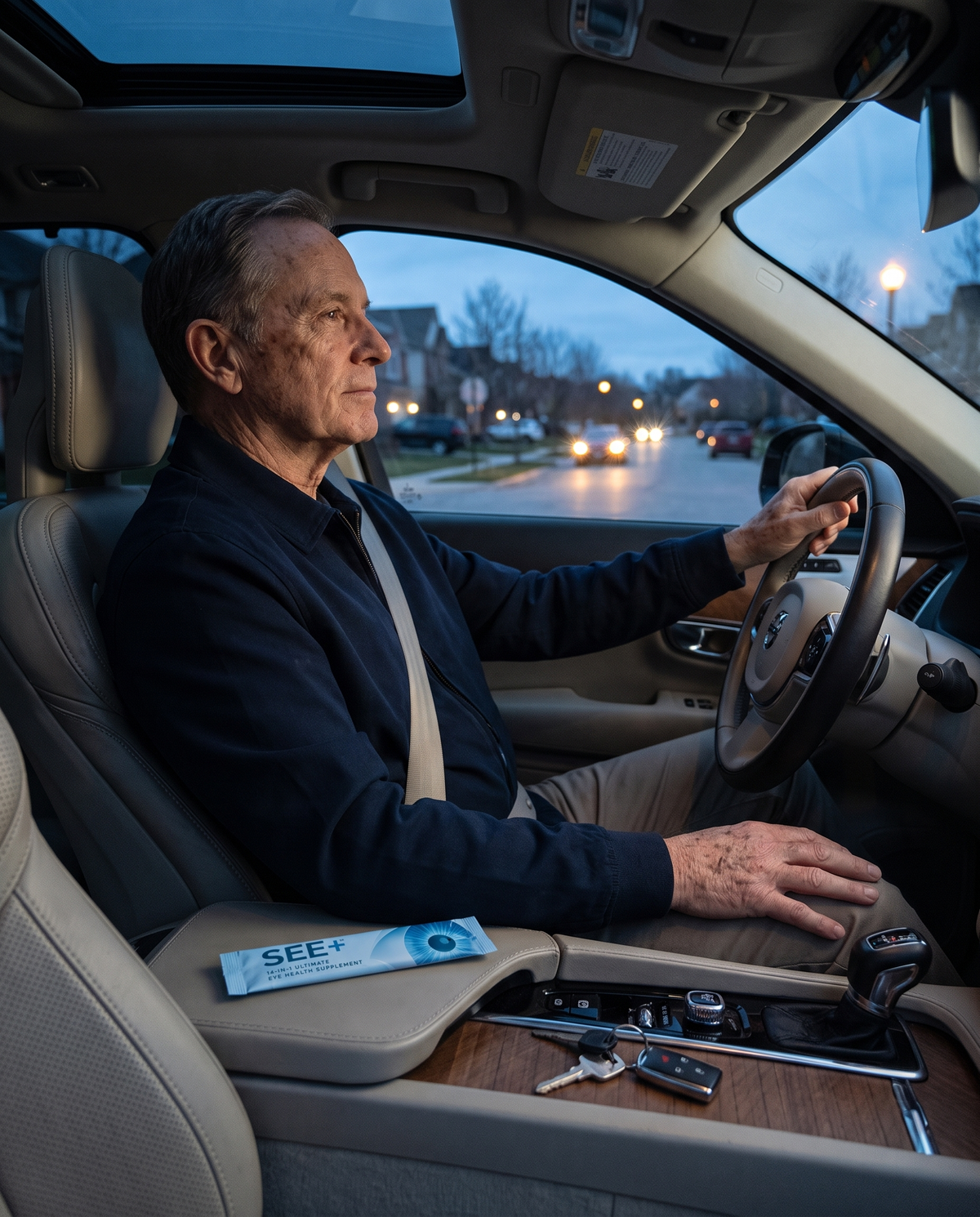 Illustrative photograph of an older adult in a parked car at dusk.