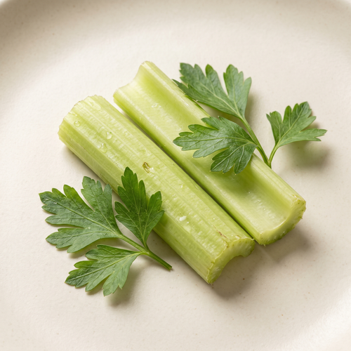 two short crisp pale green celery stalks and a few fresh parsley leaves