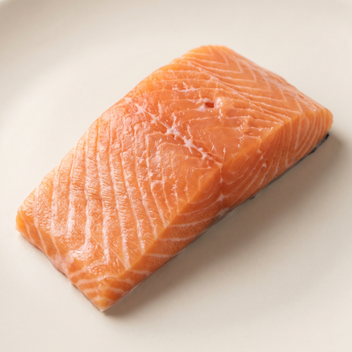 one fresh raw salmon fillet with natural orange flesh and fine white fat striations